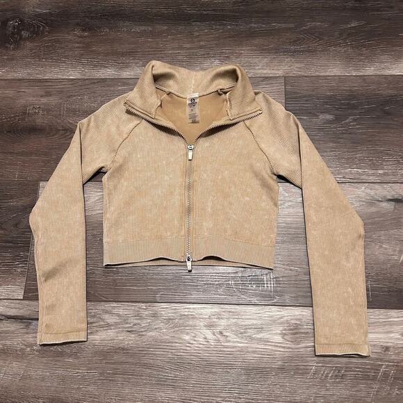 Mono B Women's Cropped Ribbed Zip-UP Jacket Taupe Size SM - Picture 5 of 10